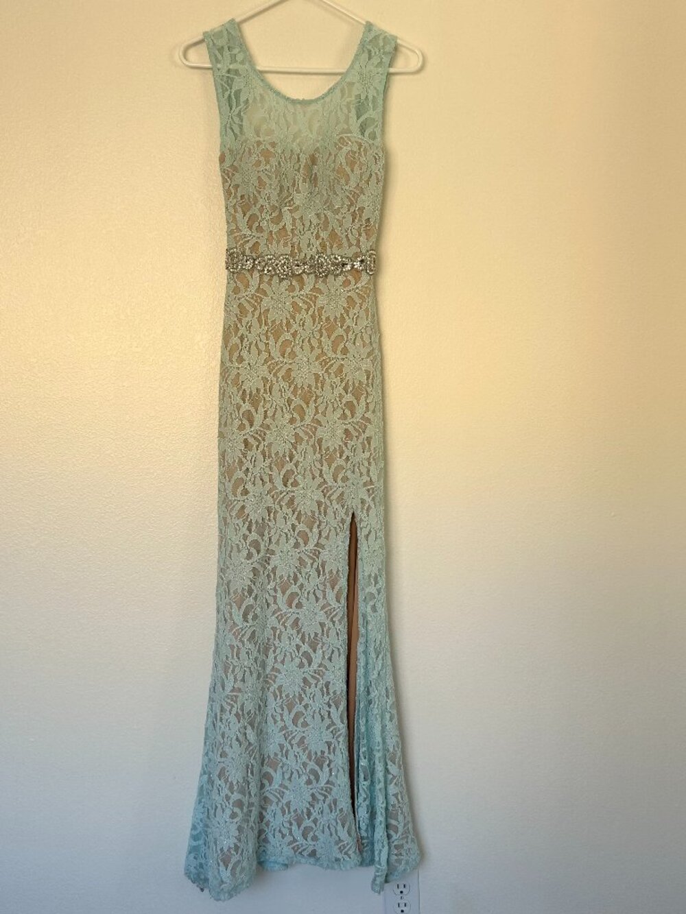 Jodi Kristopher Light Blue Lace Rhinestone Maxi Dress Size 3 (XS/0-2)